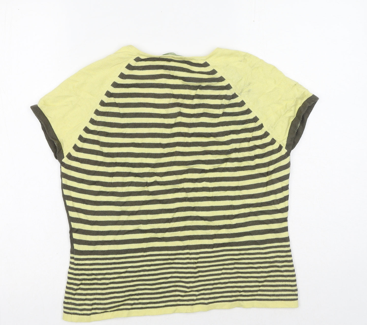 Marks and Spencer Womens Yellow Striped Cotton Basic T-Shirt Size 14 V-Neck
