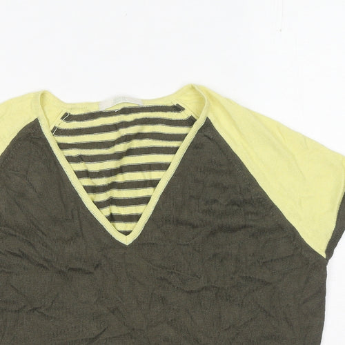 Marks and Spencer Womens Yellow Striped Cotton Basic T-Shirt Size 14 V-Neck