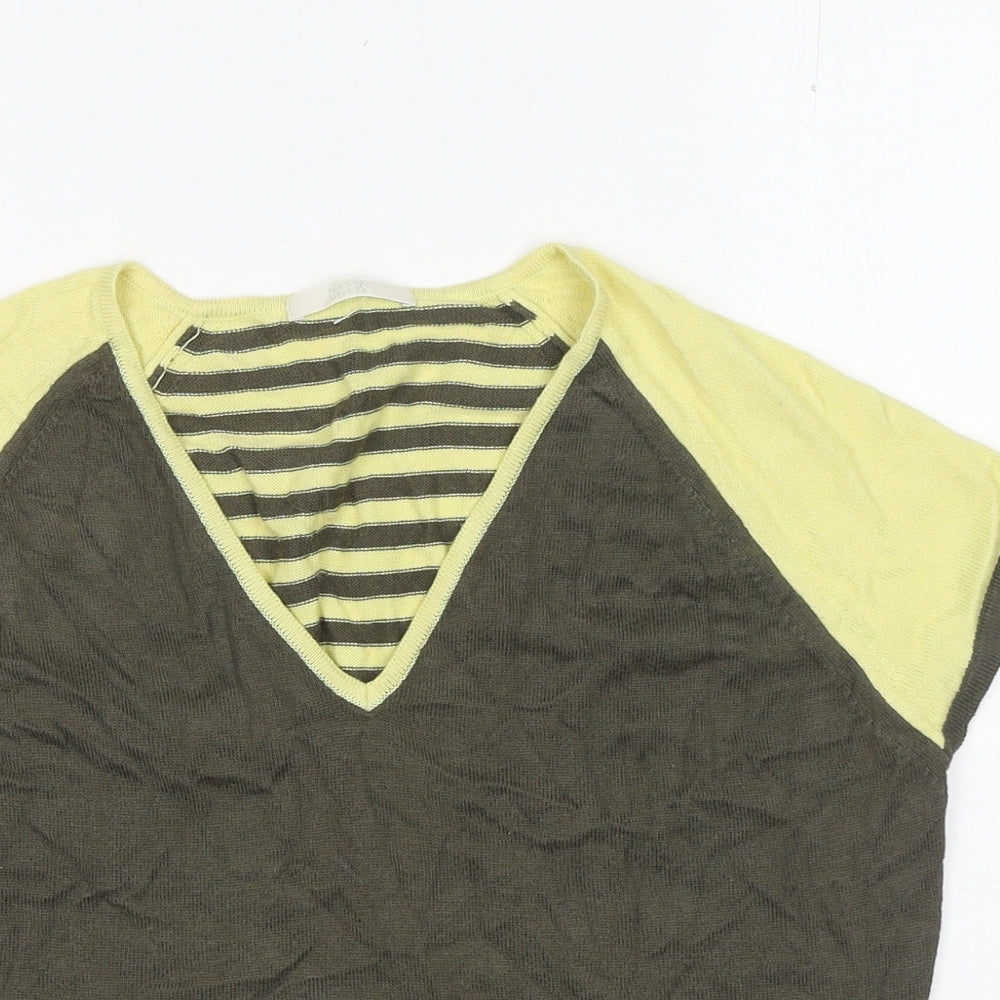 Marks and Spencer Womens Yellow Striped Cotton Basic T-Shirt Size 14 V-Neck