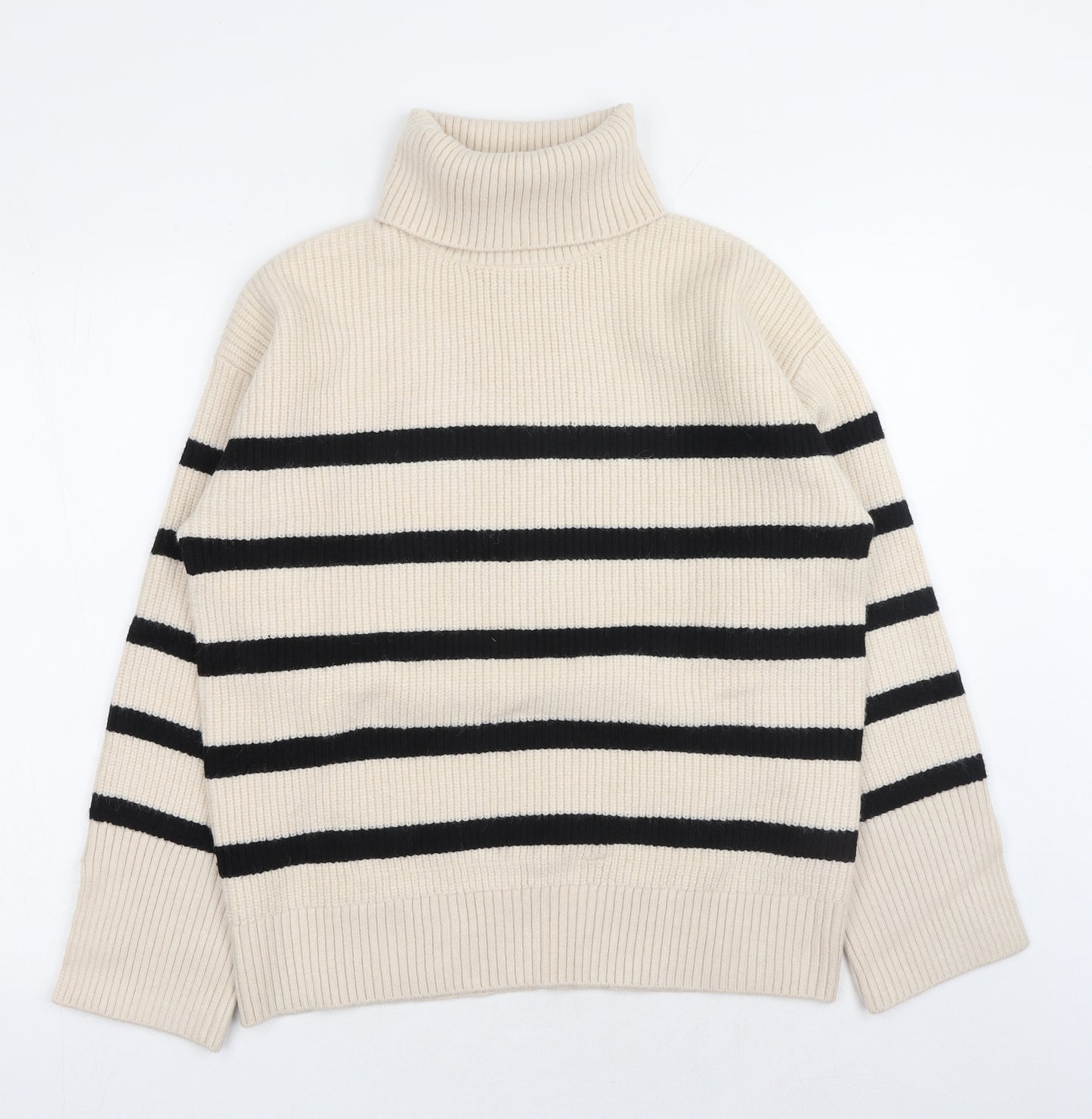 Zara Womens Beige Roll Neck Striped Acrylic Pullover Jumper Size S