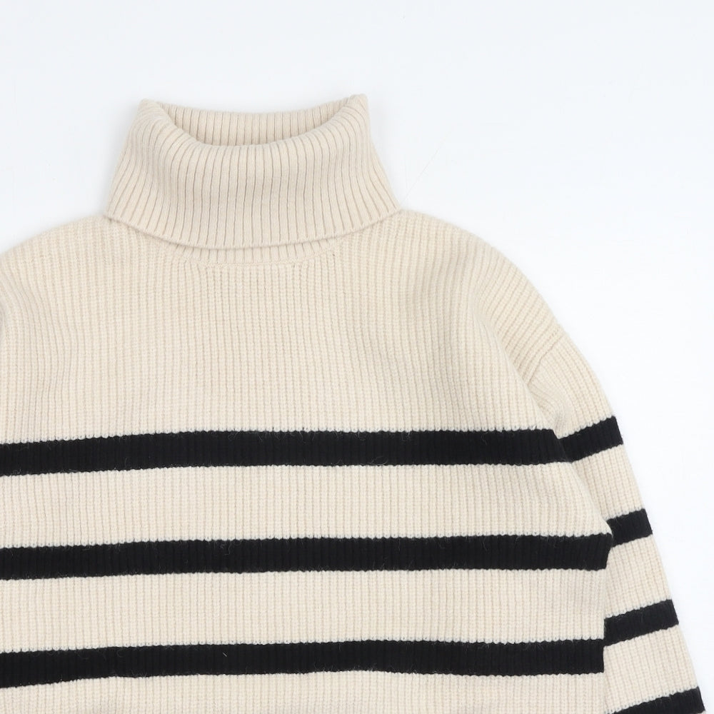 Zara Womens Beige Roll Neck Striped Acrylic Pullover Jumper Size S