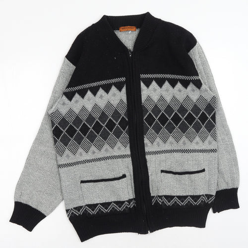 Bellissima Mens Grey V-Neck Geometric Acrylic Full Zip Jumper Size L Long Sleeve