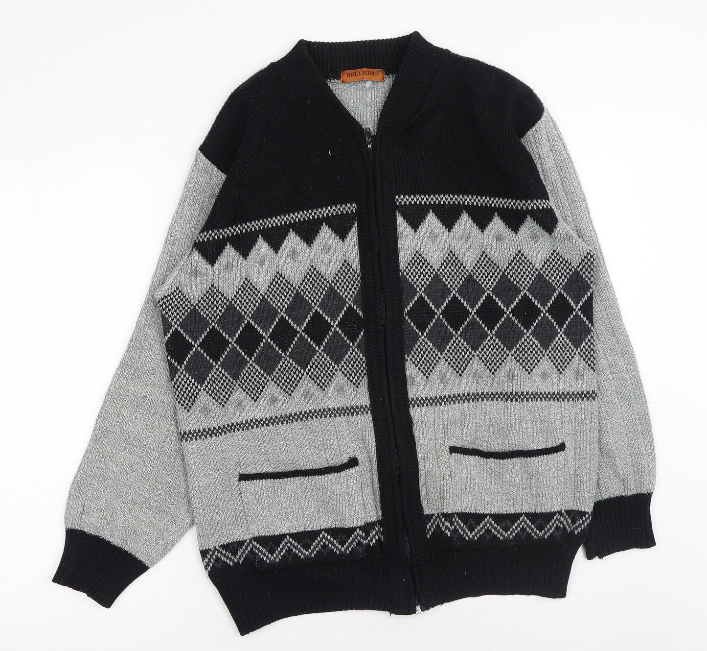 Bellissima Mens Grey V-Neck Geometric Acrylic Full Zip Jumper Size L Long Sleeve