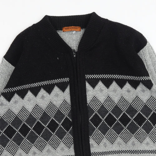 Bellissima Mens Grey V-Neck Geometric Acrylic Full Zip Jumper Size L Long Sleeve