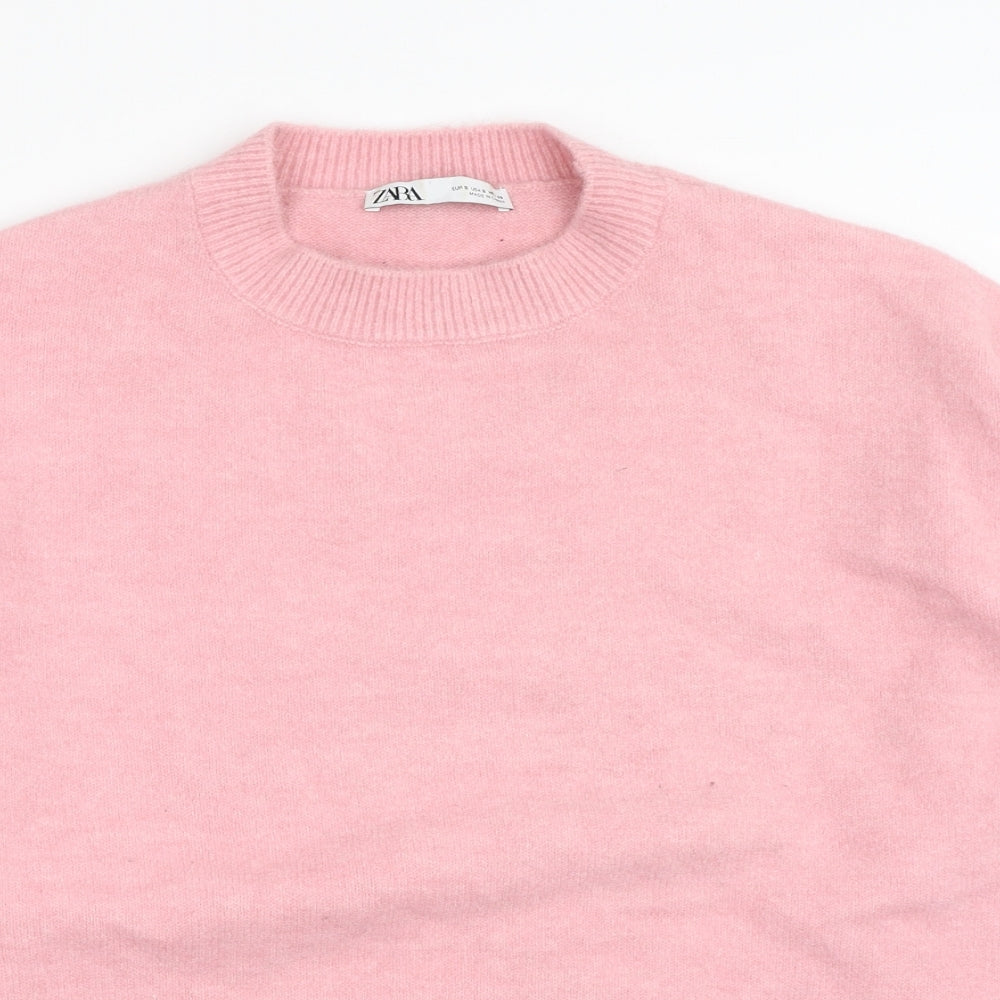Zara Womens Pink Crew Neck Acrylic Pullover Jumper Size S
