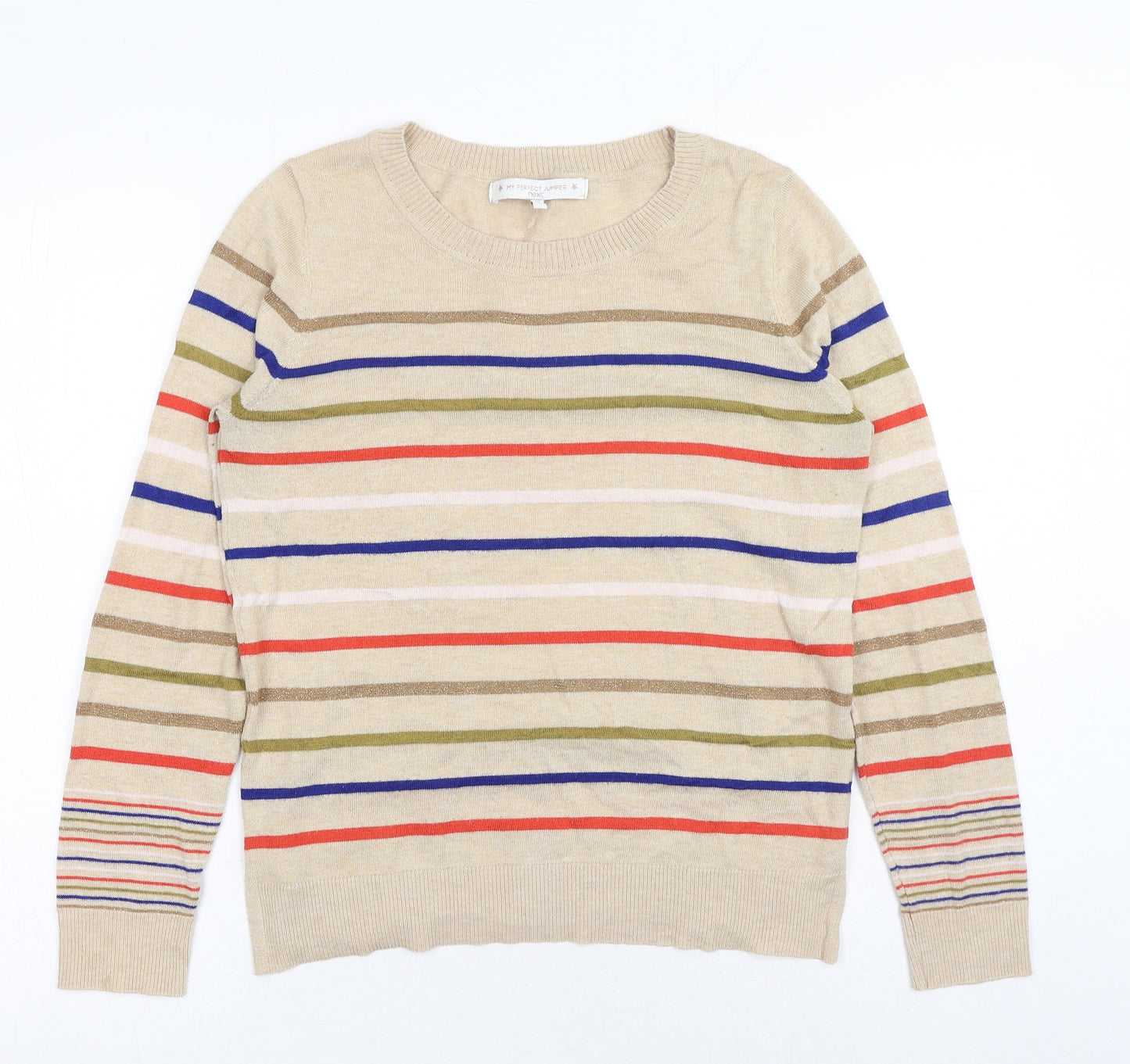 NEXT Womens Brown Scoop Neck Striped Polyester Pullover Jumper Size 12