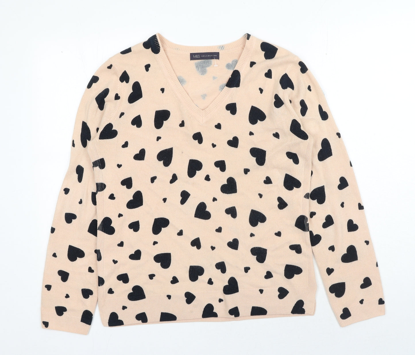 Marks and Spencer Womens Pink V-Neck Geometric Acrylic Pullover Jumper Size 12 - Love Heart
