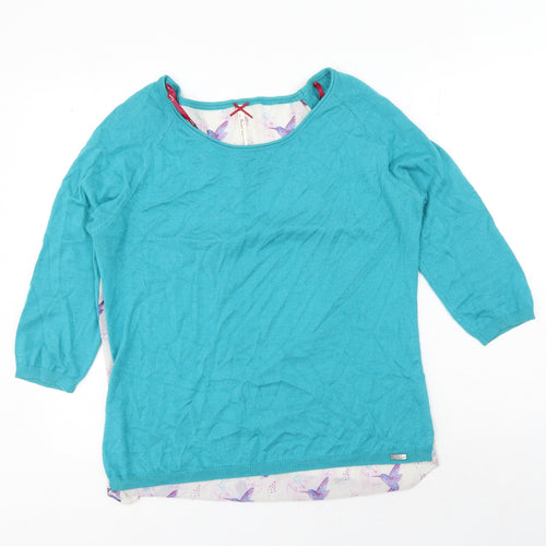 Nessa Womens Blue Geometric Nylon Basic Blouse Size L Boat Neck - Bird Print