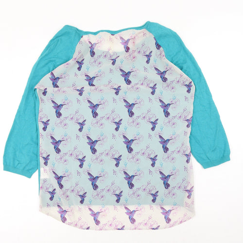 Nessa Womens Blue Geometric Nylon Basic Blouse Size L Boat Neck - Bird Print