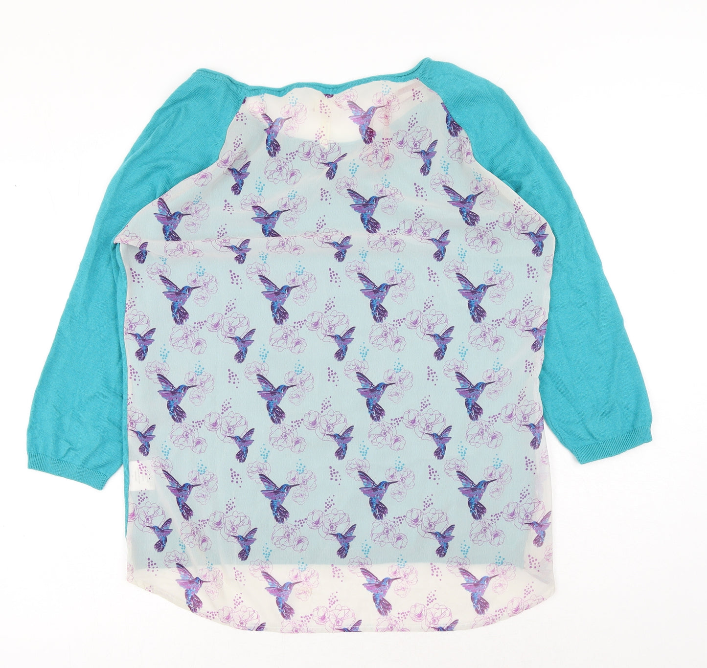 Nessa Womens Blue Geometric Nylon Basic Blouse Size L Boat Neck - Bird Print