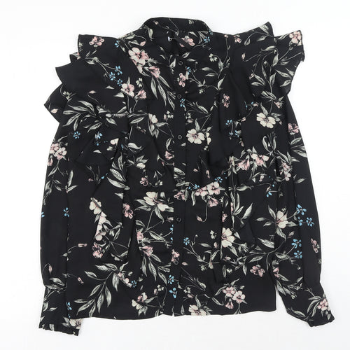 Elli White Womens Black Floral Polyester Basic Button-Up Size S Collared