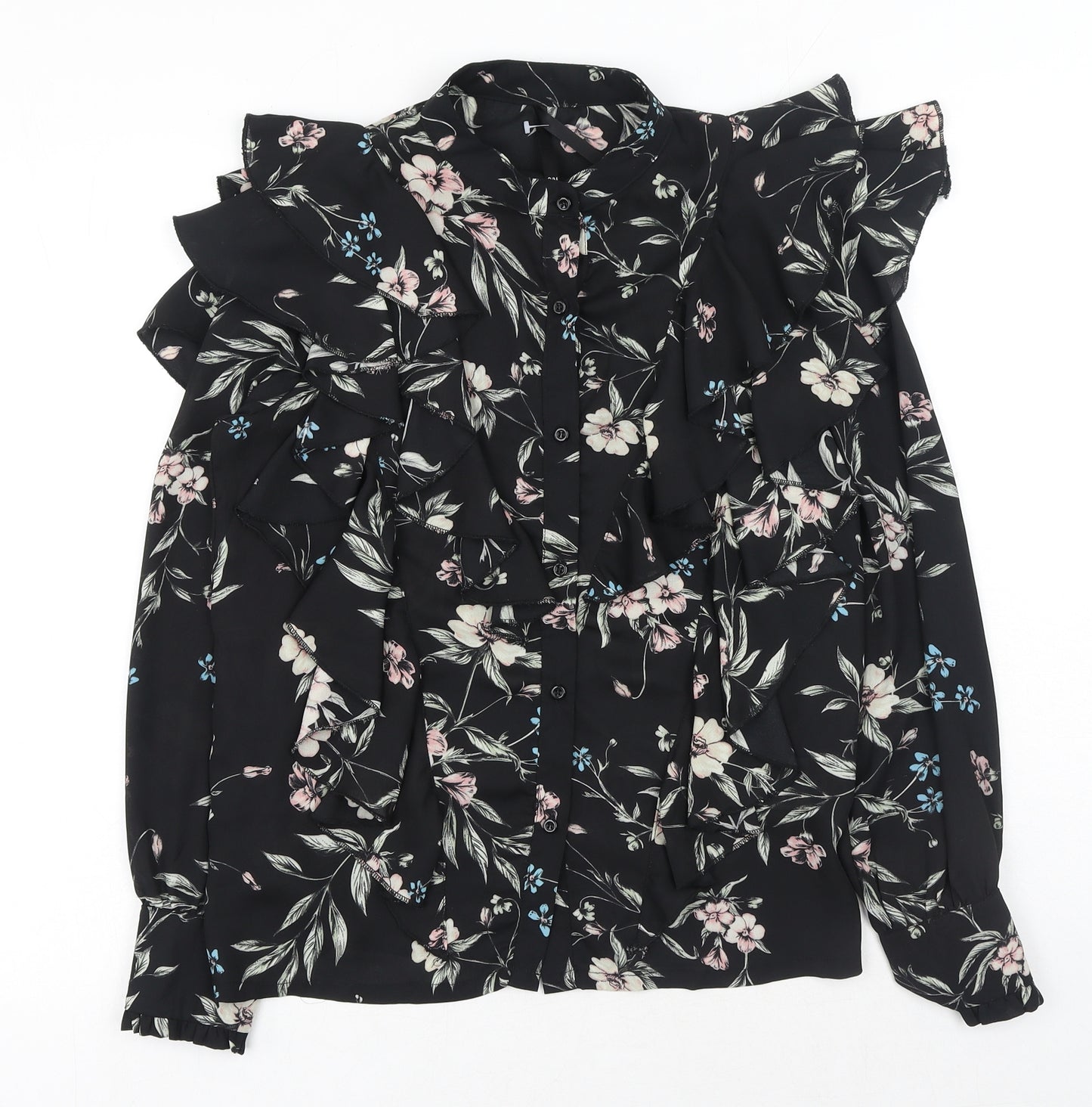 Elli White Womens Black Floral Polyester Basic Button-Up Size S Collared