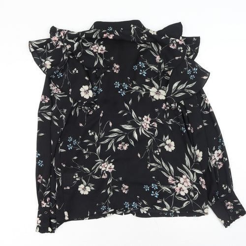 Elli White Womens Black Floral Polyester Basic Button-Up Size S Collared