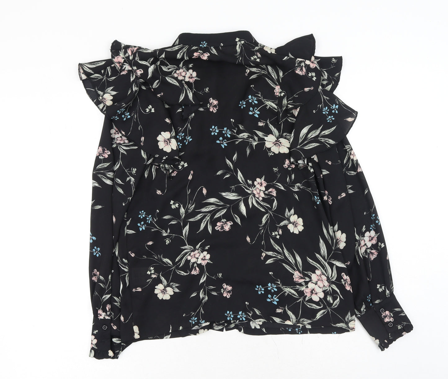 Elli White Womens Black Floral Polyester Basic Button-Up Size S Collared