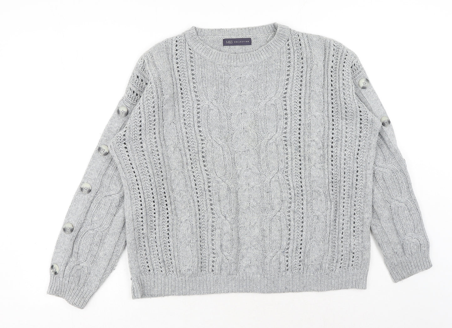 Marks and Spencer Womens Grey Round Neck Cotton Pullover Jumper Size 14