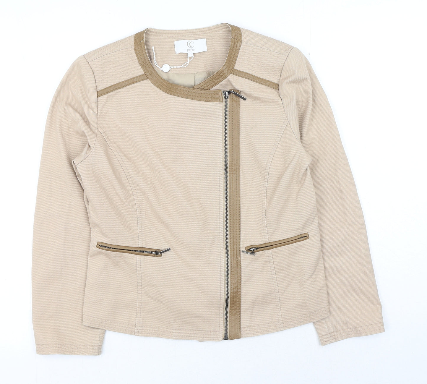 CC Womens Beige Striped Biker Jacket Size 10 Button