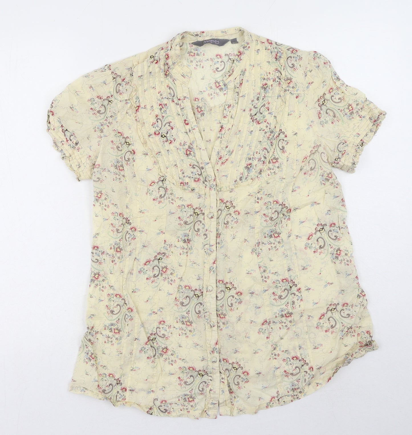 New Look Womens Yellow Floral Cotton Basic Button-Up Size 12 V-Neck
