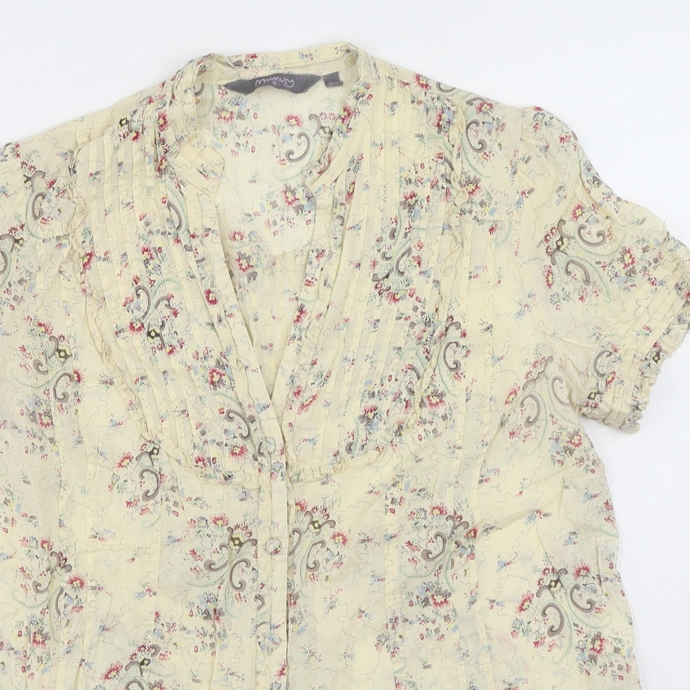 New Look Womens Yellow Floral Cotton Basic Button-Up Size 12 V-Neck