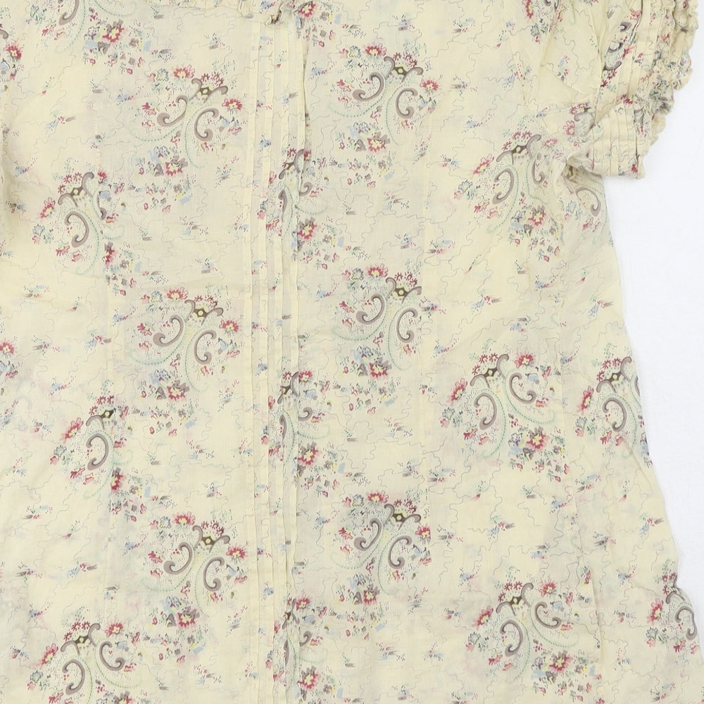 New Look Womens Yellow Floral Cotton Basic Button-Up Size 12 V-Neck