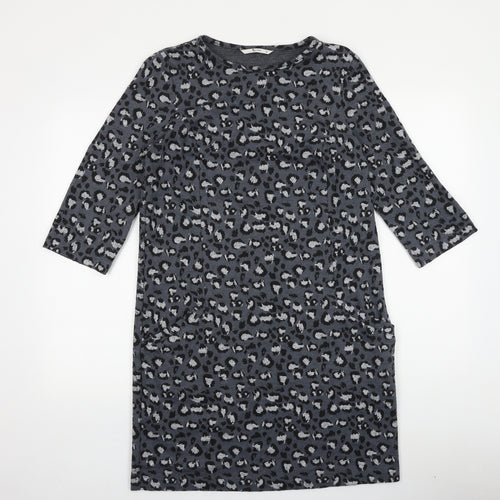 TU Womens Grey Animal Print 100% Cotton A-Line Size 12 Round Neck Pullover - Leopard Pattern