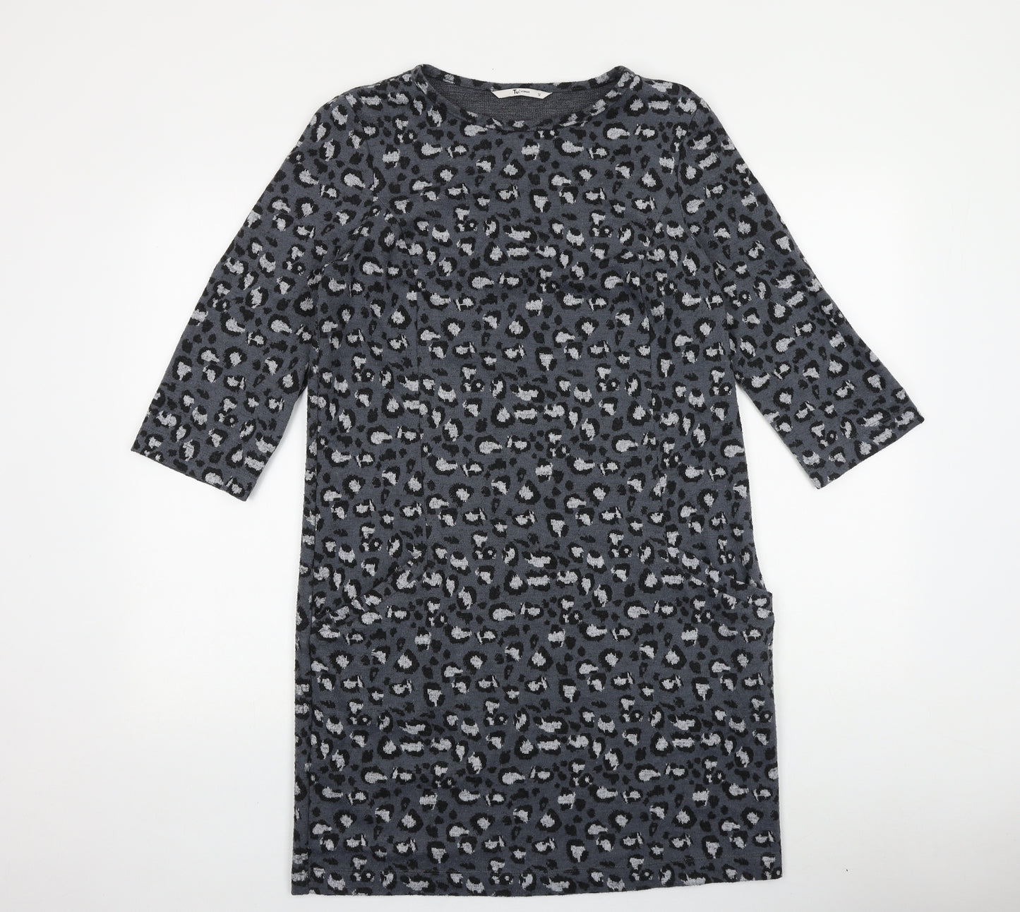 TU Womens Grey Animal Print 100% Cotton A-Line Size 12 Round Neck Pullover - Leopard Pattern