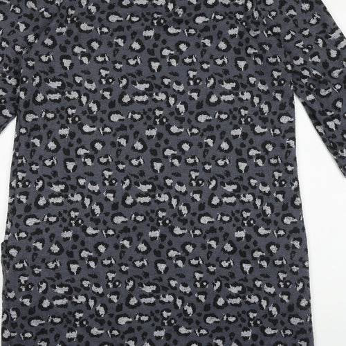 TU Womens Grey Animal Print 100% Cotton A-Line Size 12 Round Neck Pullover - Leopard Pattern