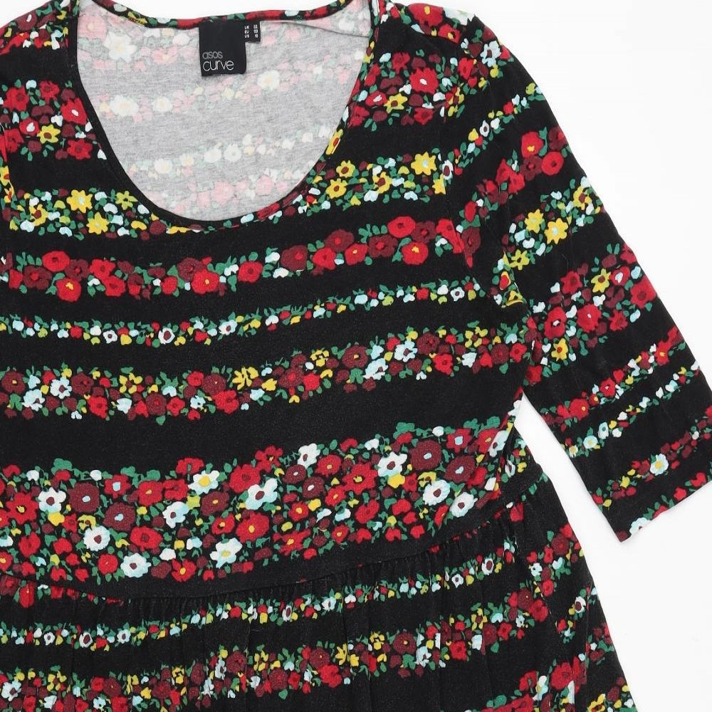 ASOS Womens Black Floral 100% Cotton Fit & Flare Size 22 Scoop Neck Pullover