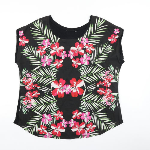 Peacocks Womens Black Floral Polyester Basic Blouse Size 16 Round Neck