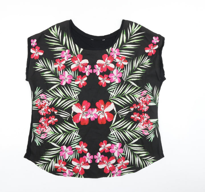 Peacocks Womens Black Floral Polyester Basic Blouse Size 16 Round Neck