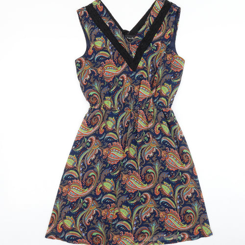 Mela Loves London Womens Blue Paisley Polyester A-Line Size 8 V-Neck Pullover