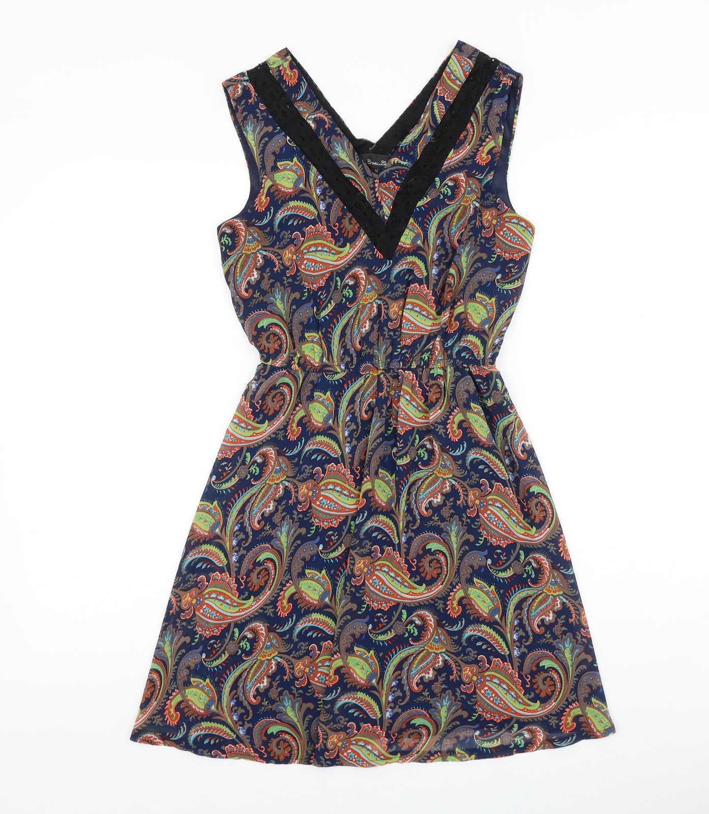 Mela Loves London Womens Blue Paisley Polyester A-Line Size 8 V-Neck Pullover