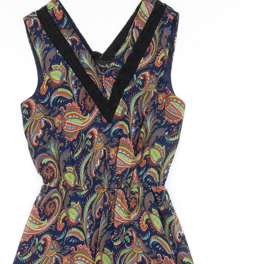 Mela Loves London Womens Blue Paisley Polyester A-Line Size 8 V-Neck Pullover