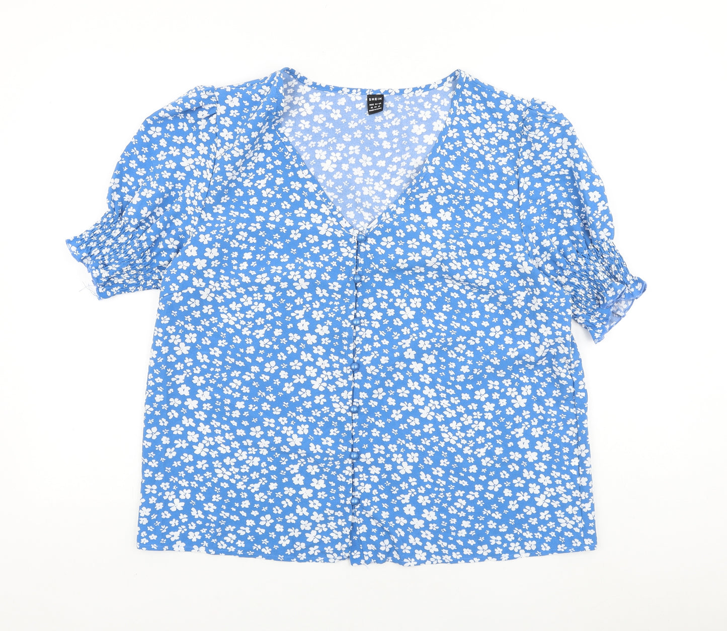 SheIn Womens Blue Floral Polyester Basic Button-Up Size XL V-Neck
