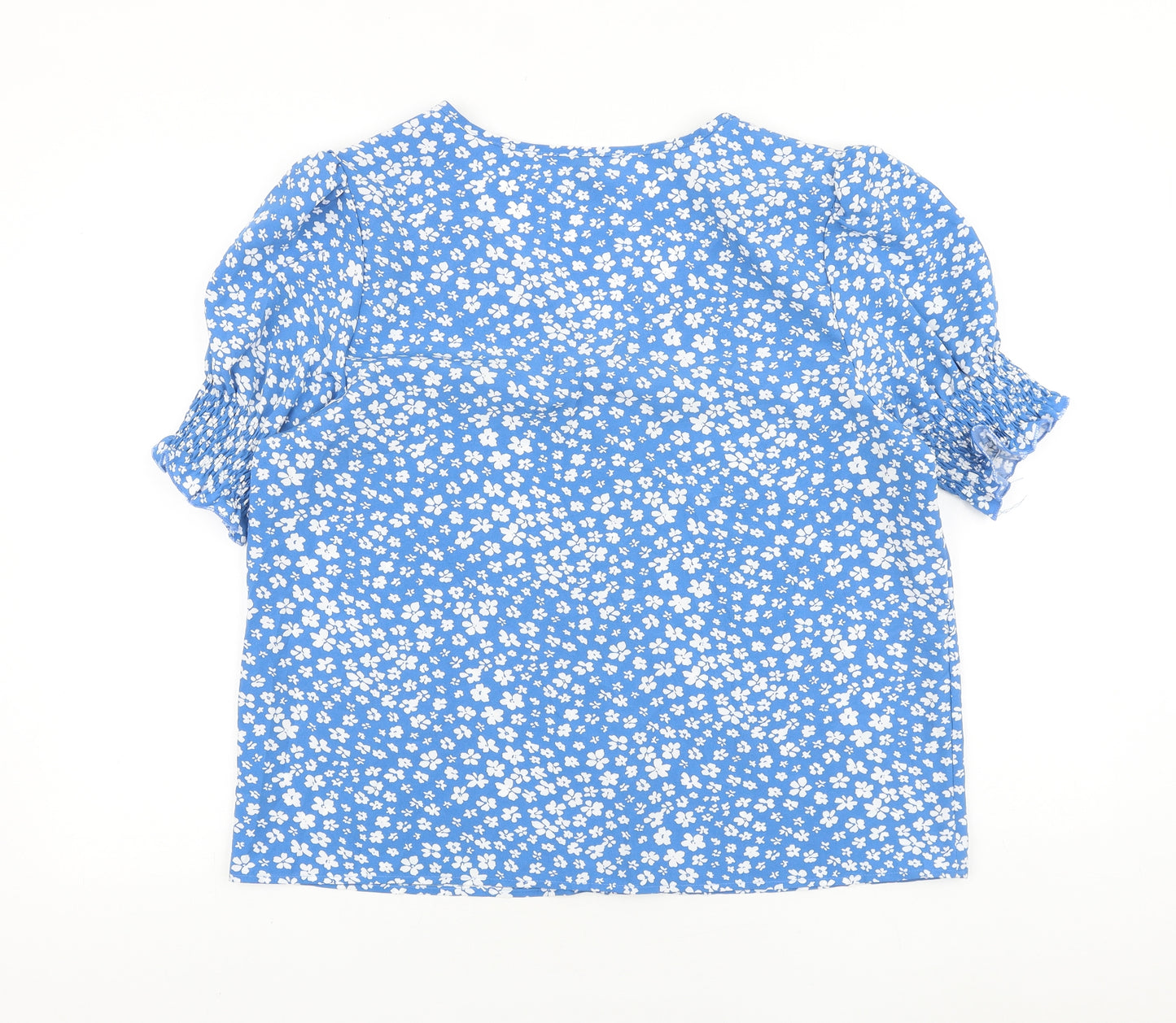 SheIn Womens Blue Floral Polyester Basic Button-Up Size XL V-Neck
