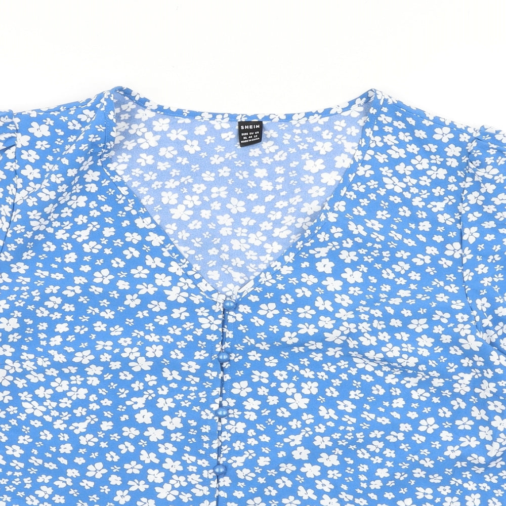 SheIn Womens Blue Floral Polyester Basic Button-Up Size XL V-Neck