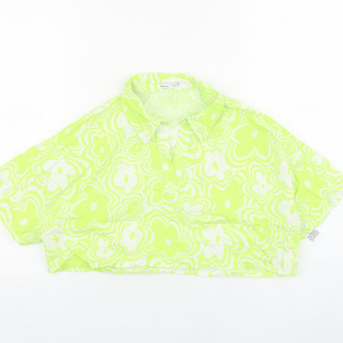 Bershka Womens Green Floral 100% Cotton Cropped Blouse Size 10 Collared