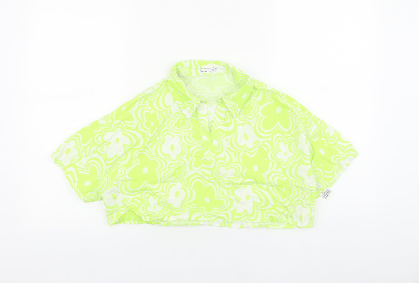 Bershka Womens Green Floral 100% Cotton Cropped Blouse Size 10 Collared