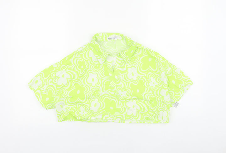 Bershka Womens Green Floral 100% Cotton Cropped Blouse Size 10 Collared