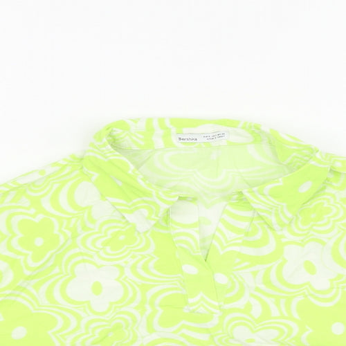 Bershka Womens Green Floral 100% Cotton Cropped Blouse Size 10 Collared