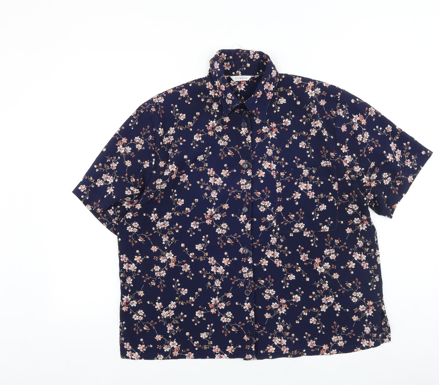 George Womens Blue Floral Polyester Basic Button-Up Size 12 Collared