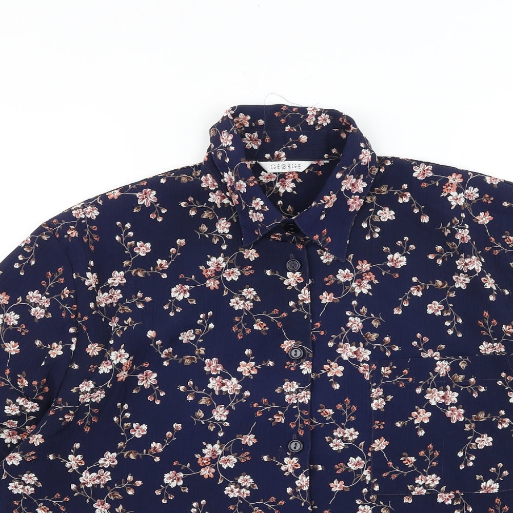 George Womens Blue Floral Polyester Basic Button-Up Size 12 Collared