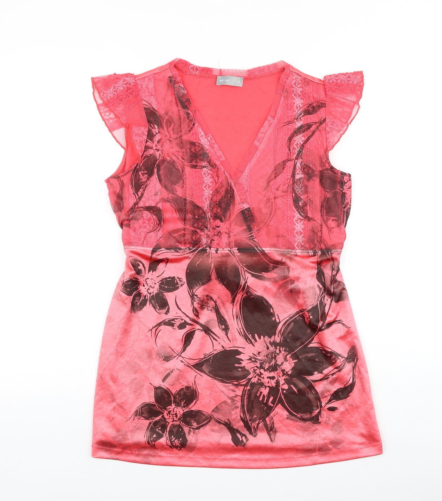 Marks and Spencer Womens Pink Floral Polyester Basic Blouse Size 12 V-Neck