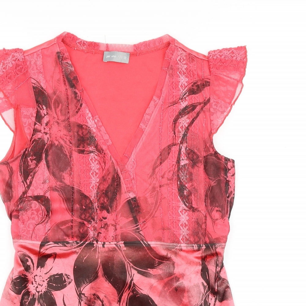 Marks and Spencer Womens Pink Floral Polyester Basic Blouse Size 12 V-Neck