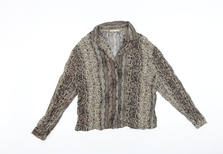 Pull&Bear Womens Brown Animal Print Viscose Basic Button-Up Size 8 Collared - Snake Print