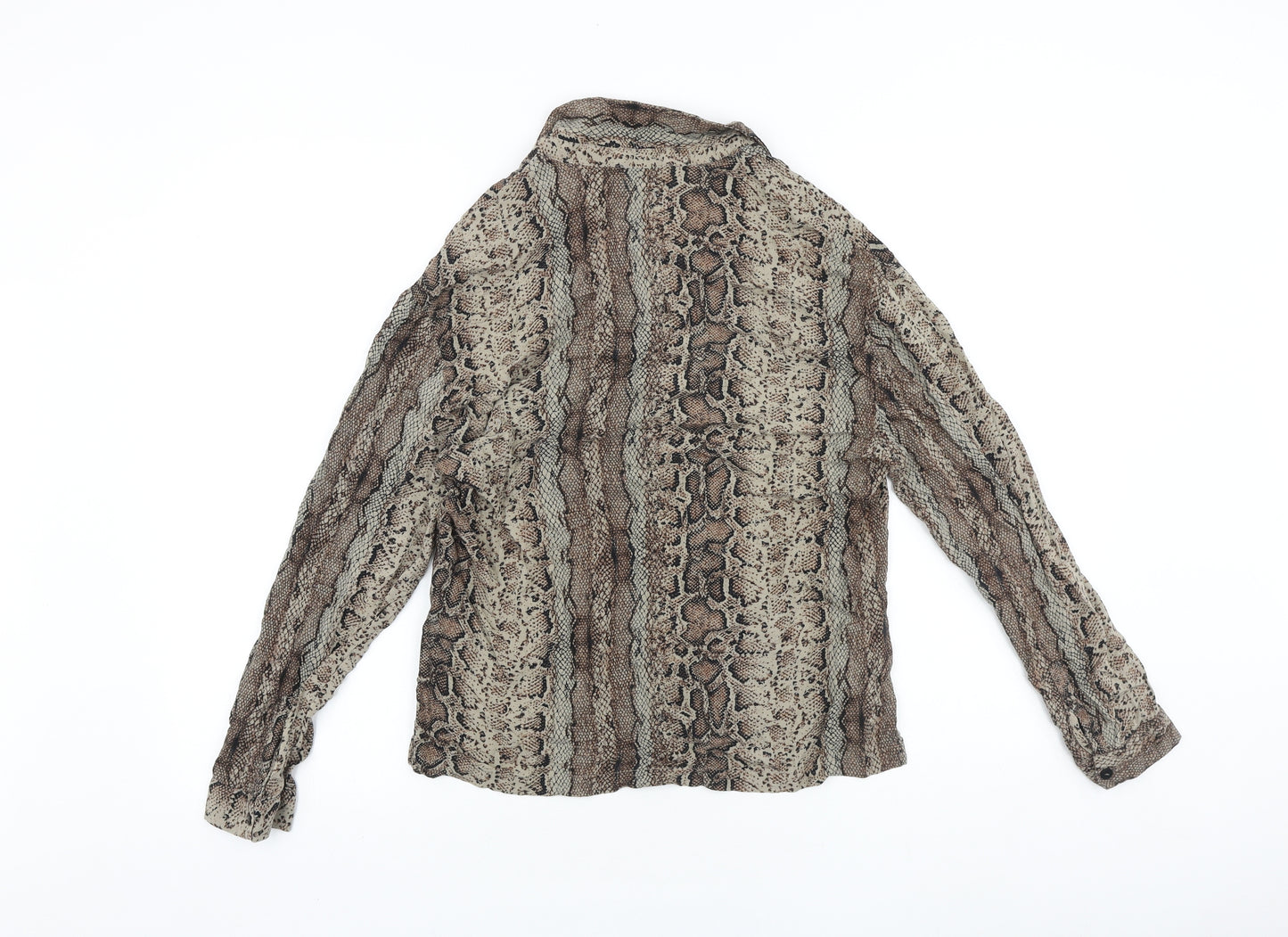 Pull&Bear Womens Brown Animal Print Viscose Basic Button-Up Size 8 Collared - Snake Print
