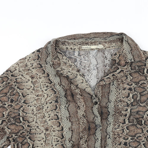 Pull&Bear Womens Brown Animal Print Viscose Basic Button-Up Size 8 Collared - Snake Print