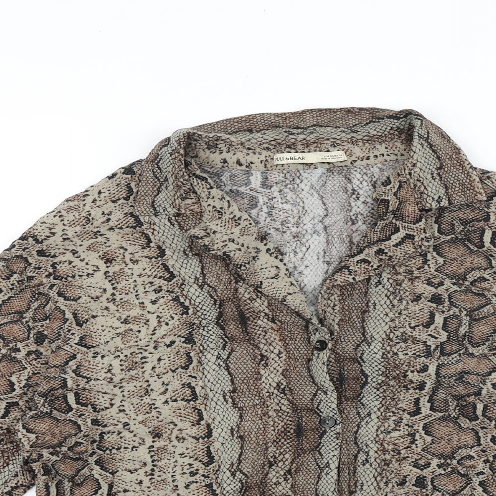Pull&Bear Womens Brown Animal Print Viscose Basic Button-Up Size 8 Collared - Snake Print