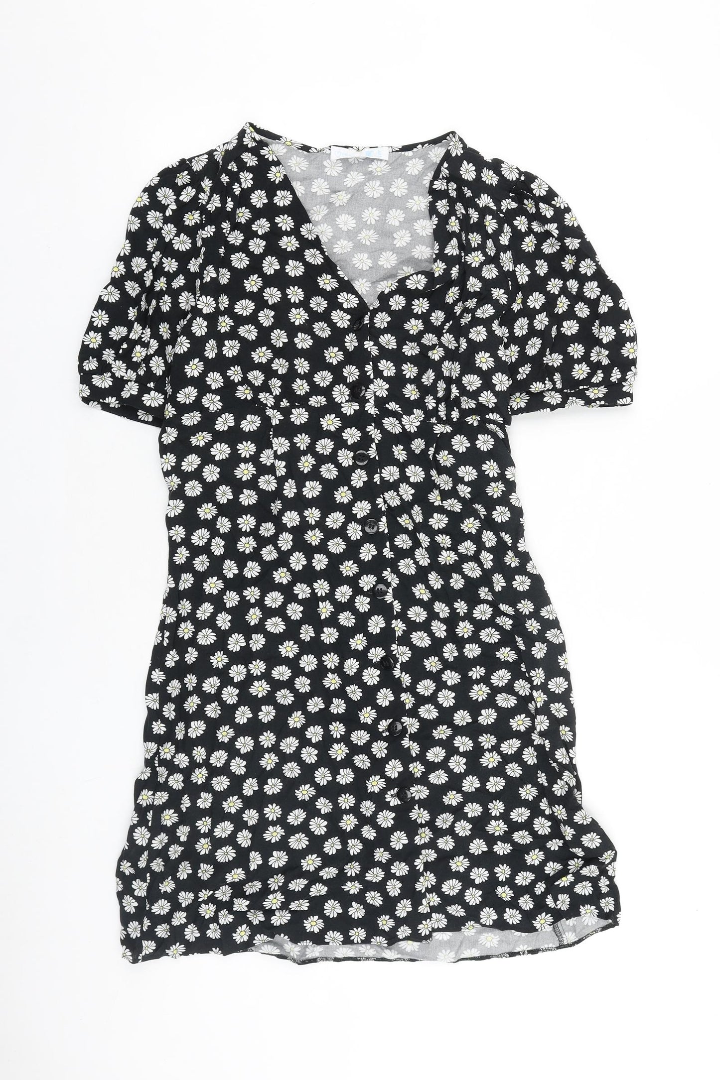 Primark Womens Black Floral Viscose Trapeze & Swing Size 6 V-Neck Button