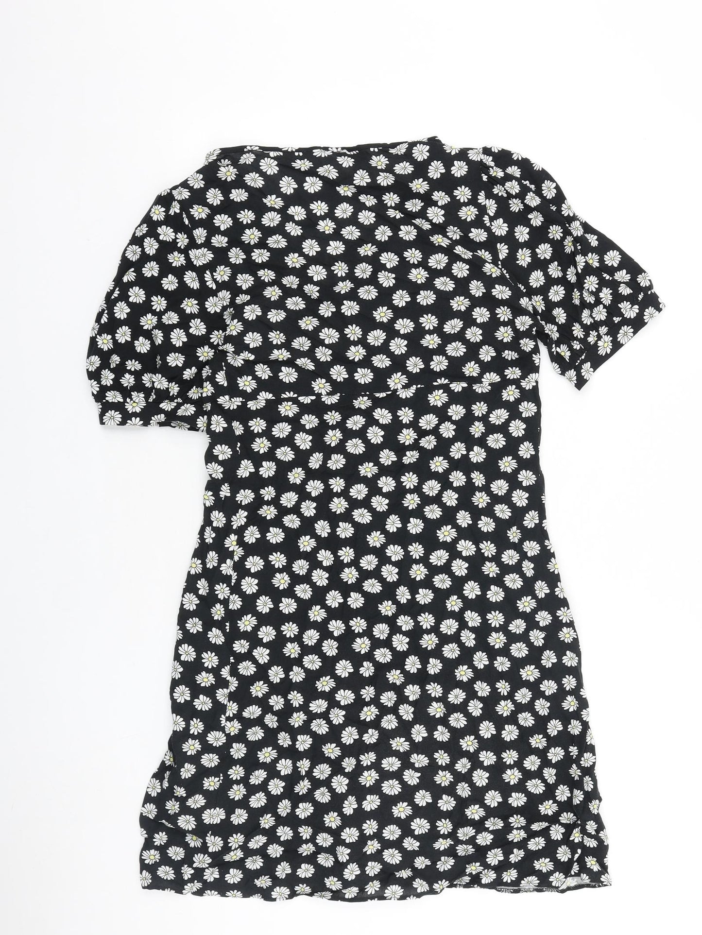 Primark Womens Black Floral Viscose Trapeze & Swing Size 6 V-Neck Button