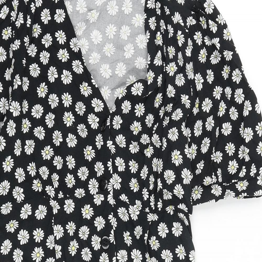 Primark Womens Black Floral Viscose Trapeze & Swing Size 6 V-Neck Button